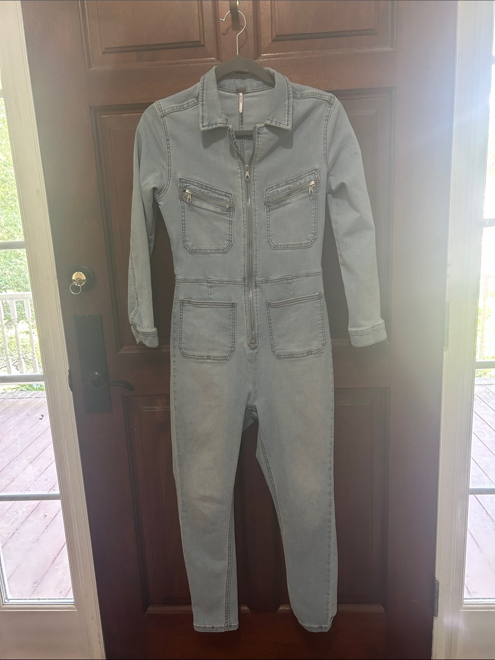Free People Pale Blue Denim Zip Jumpsuit